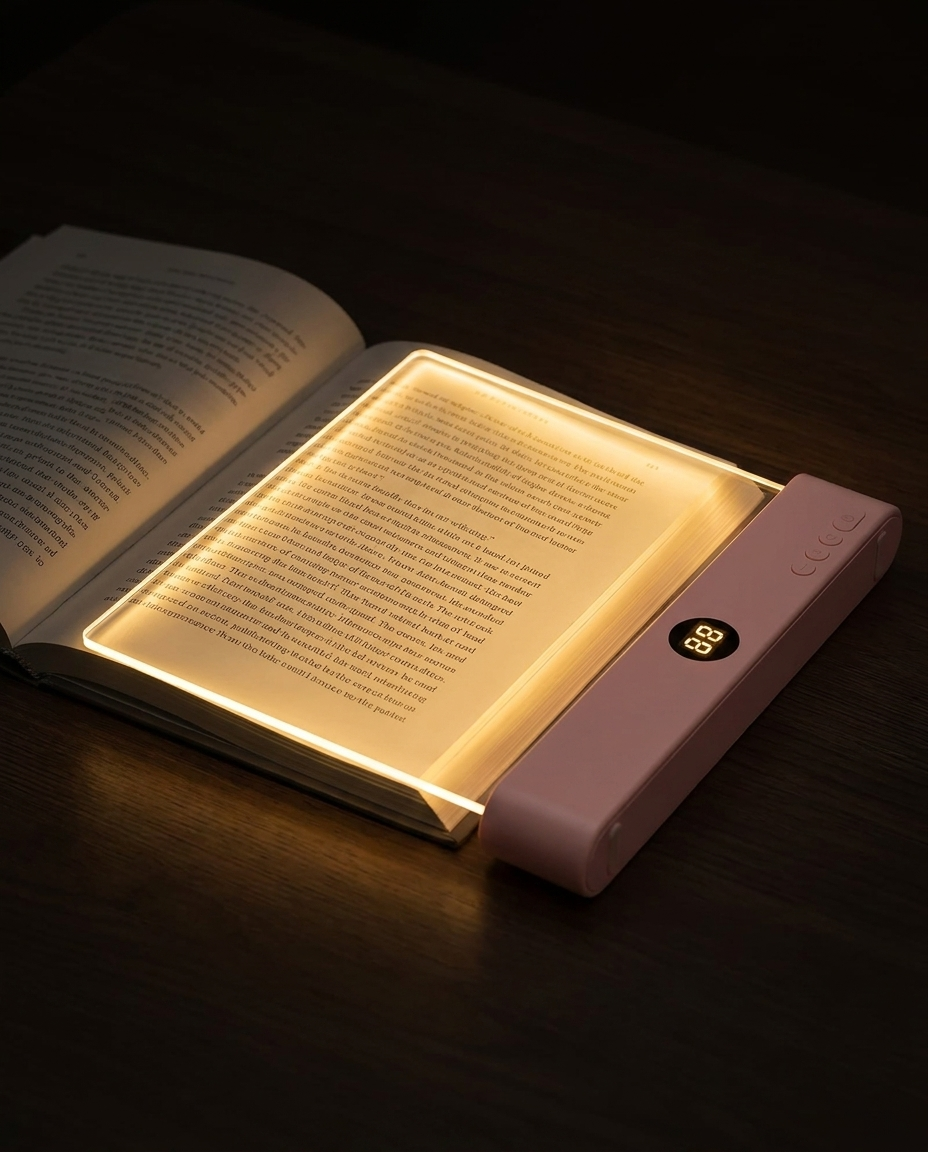 A pink portable LED book light illuminating an open book on a dark wooden table. 