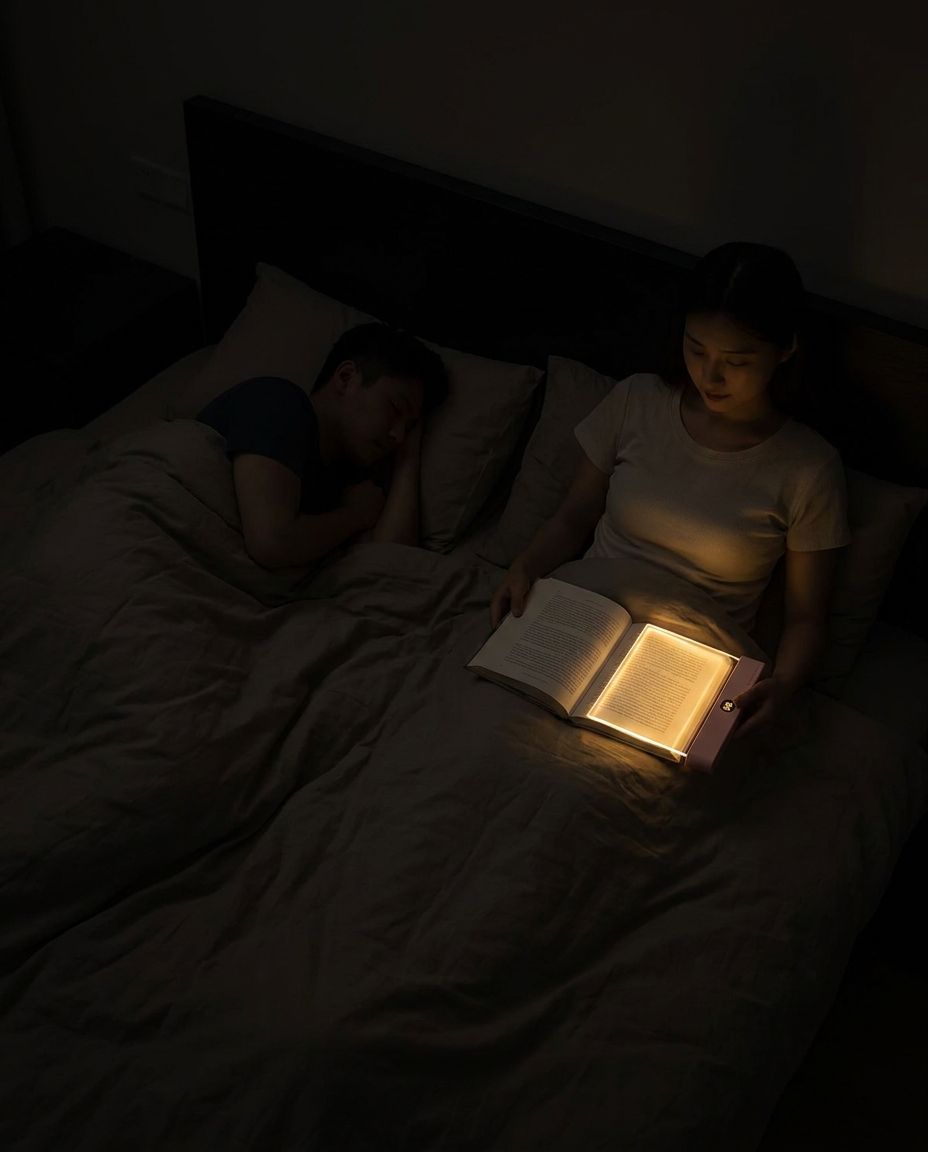 A woman in bed holds an illuminated book light while a man sleeps soundly in the adjacent bed.