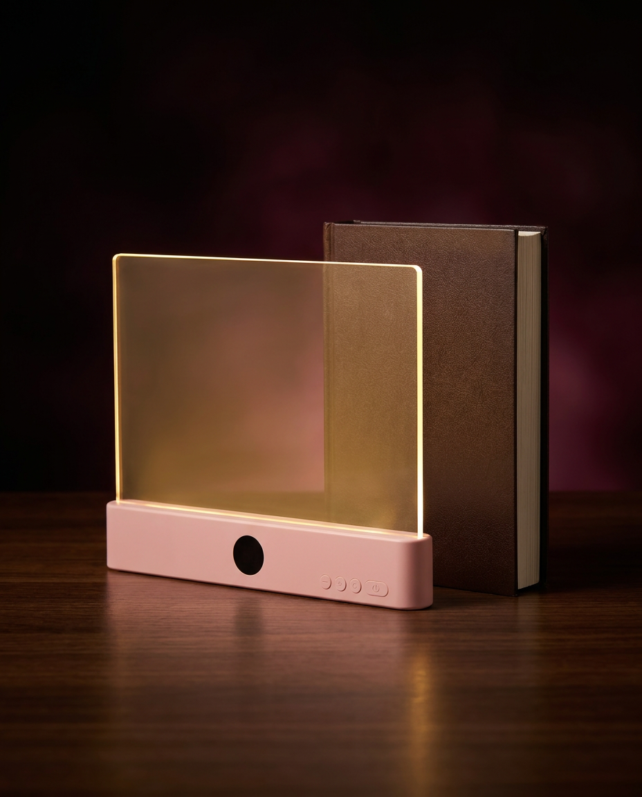 Pink LED flat panel reading light standing upright, glowing warm, beside a brown hardcover book on a dark background.