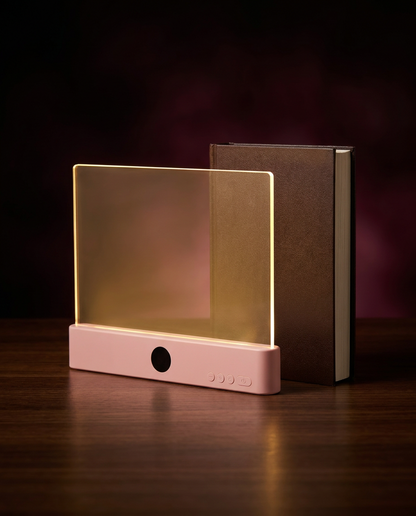 Pink LED flat panel reading light standing upright, glowing warm, beside a brown hardcover book on a dark background.