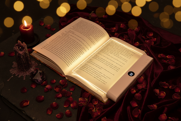 Pink rechargeable LED flat panel reading light for book lovers – Between Folds